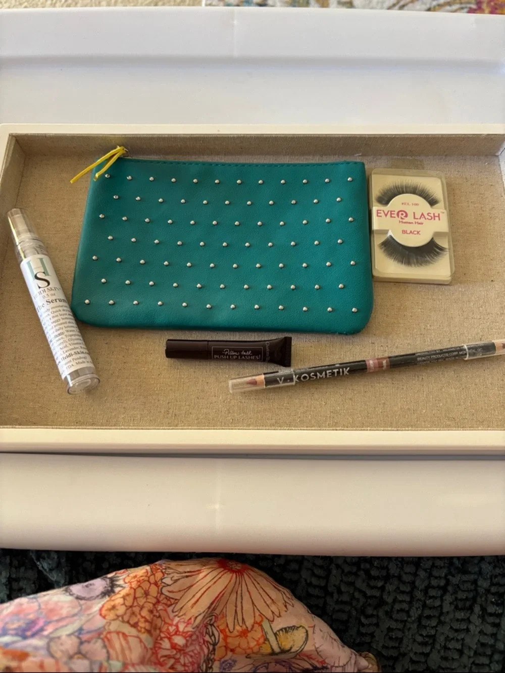ipsy Teal Studded Makeup Pouch with Yellow Zipper Pull and Samples.
